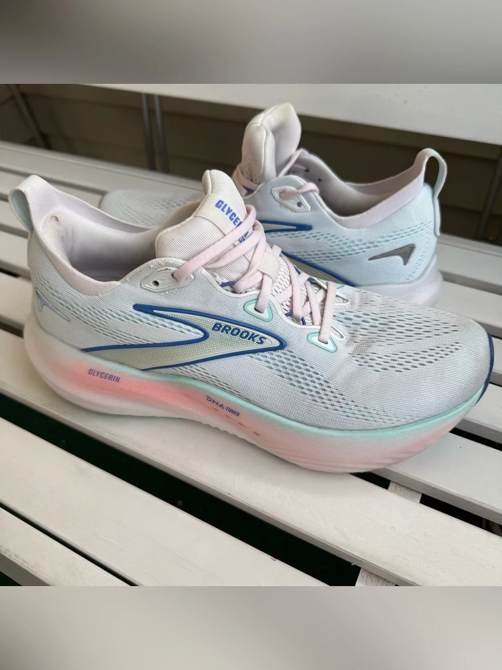 Brooks Women’s Glycerin Running Shoes — White with Pink & Blue Accents